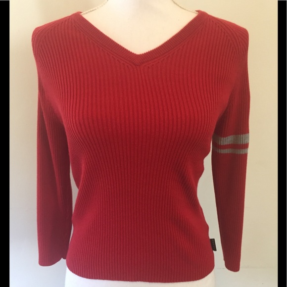 Guess Sweaters - Guess red ribbed sweater silver trim long sleeve M